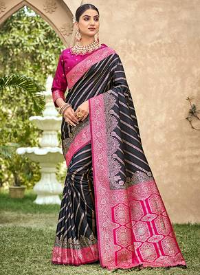 Black & rani pink banarasi silk saree with woven zari work 1