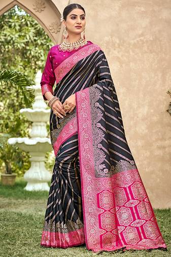 Black & rani pink banarasi silk saree with woven zari work