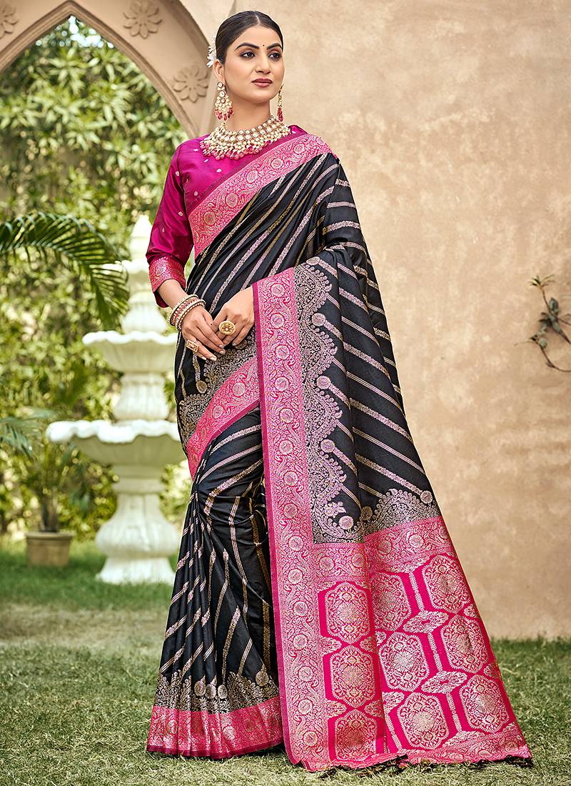 Black & rani pink banarasi silk saree with woven zari work
