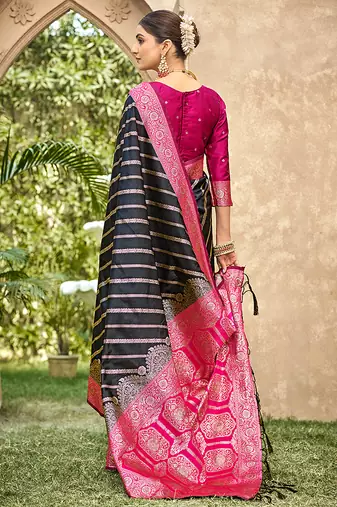 Black & rani pink banarasi silk saree with woven zari work