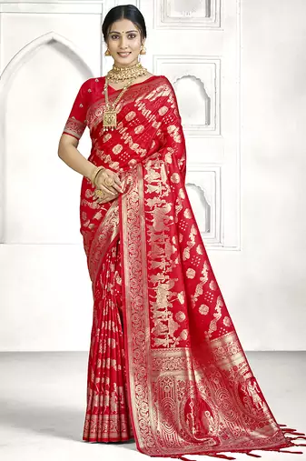 Red banarasi silk saree with intricate zari weaving & grand pallu | wedding & festive wear