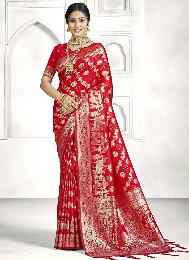 Red banarasi silk saree with intricate zari weaving & grand pallu | wedding & festive wear