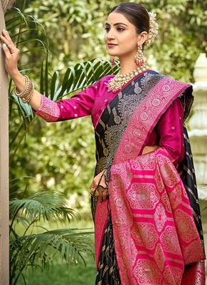 Black & rani pink banarasi silk saree with woven zari work 3