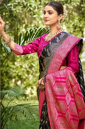 Black & rani pink banarasi silk saree with woven zari work