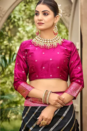 Black & rani pink banarasi silk saree with woven zari work