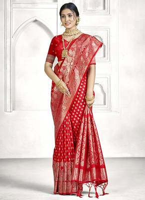 Red banarasi silk saree with all-over zari buti & rich zari border | wedding & festive wear 1