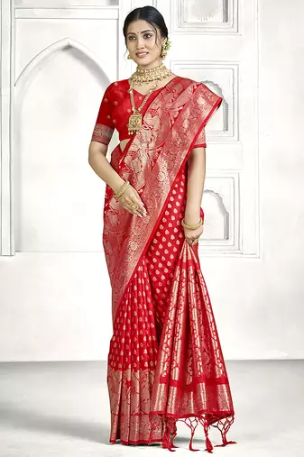 Red banarasi silk saree with all-over zari buti & rich zari border | wedding & festive wear