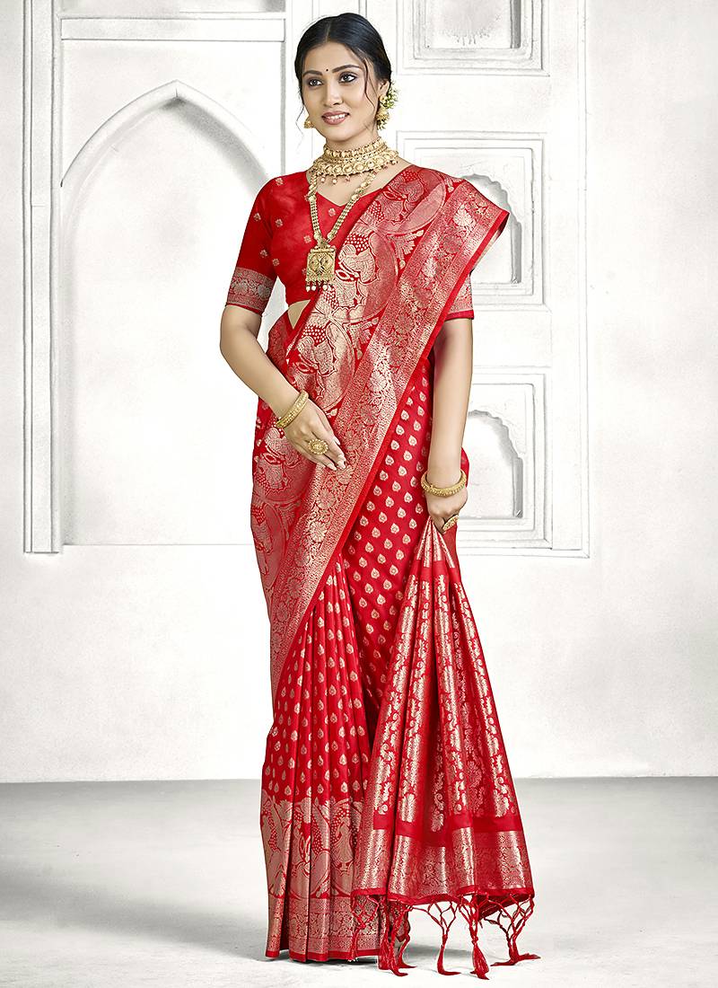 Red banarasi silk saree with all-over zari buti & rich zari border | wedding & festive wear