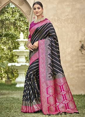 Black & rani pink banarasi silk saree with woven zari work 5