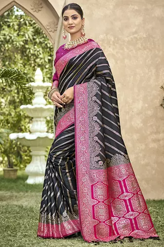 Black & rani pink banarasi silk saree with woven zari work
