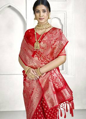 Red banarasi silk saree with all-over zari buti & rich zari border | wedding & festive wear 2