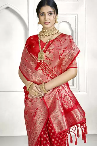 Red banarasi silk saree with all-over zari buti & rich zari border | wedding & festive wear