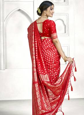 Red banarasi silk saree with all-over zari buti & rich zari border | wedding & festive wear 3