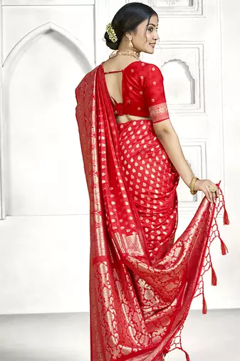Red banarasi silk saree with all-over zari buti & rich zari border | wedding & festive wear