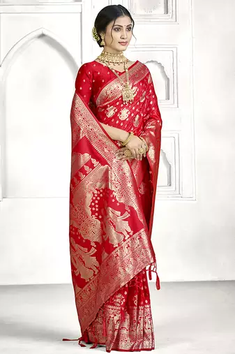 Red banarasi silk saree with all-over zari buti & rich zari border | wedding & festive wear