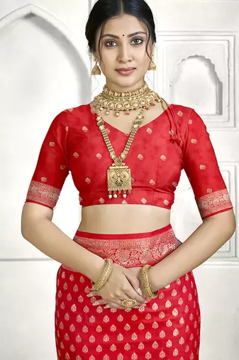 Red banarasi silk saree with all-over zari buti & rich zari border | wedding & festive wear