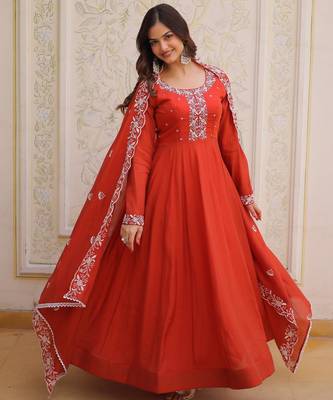 Rust mal chanderi bead embroidered work flared gown with heavy dupatta 1