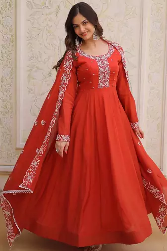 Rust mal chanderi bead embroidered work flared gown with heavy dupatta