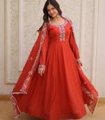 Rust mal chanderi bead embroidered work flared gown with heavy dupatta