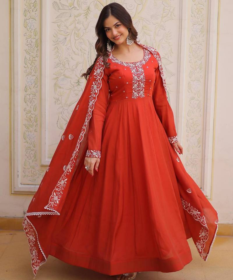Rust mal chanderi bead embroidered work flared gown with heavy dupatta