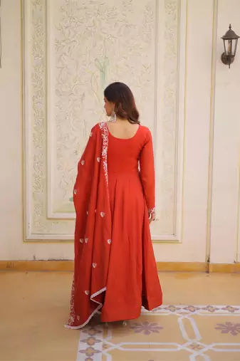 Rust mal chanderi bead embroidered work flared gown with heavy dupatta