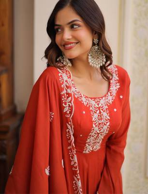 Rust mal chanderi bead embroidered work flared gown with heavy dupatta 3