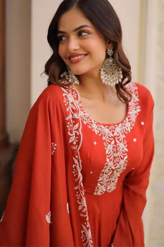 Rust mal chanderi bead embroidered work flared gown with heavy dupatta