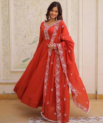 Rust mal chanderi bead embroidered work flared gown with heavy dupatta 4