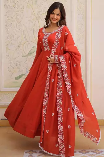 Rust mal chanderi bead embroidered work flared gown with heavy dupatta