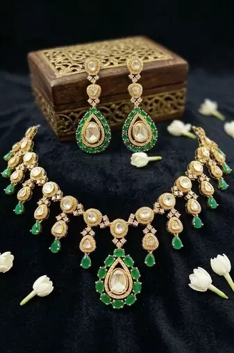 green stone kundan bridal necklace set with earrings