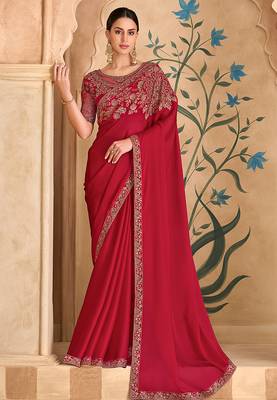 red faux georgette saree with embroidered border work 1