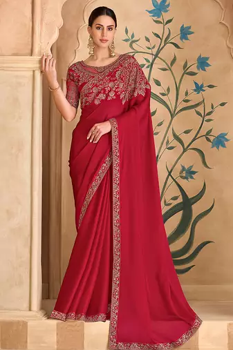 Embroidered faux georgette red saree