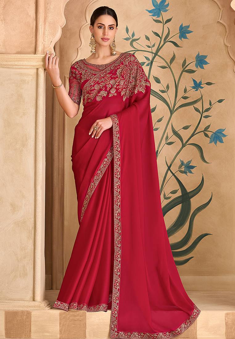 Embroidered faux georgette red saree