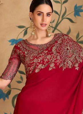 red faux georgette saree with embroidered border work 2