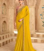 Embroidered faux chiffon satin yellow saree