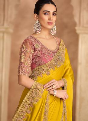 yellow embroidered faux chiffon satin saree	 2