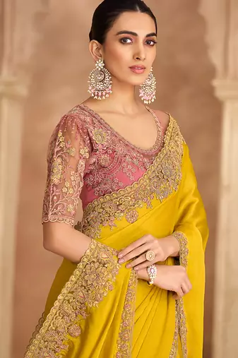 yellow embroidered faux chiffon satin saree	