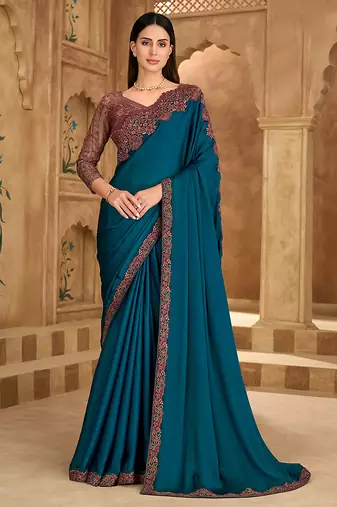 Embroidered faux chiffon satin teal blue saree
