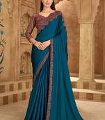 Embroidered faux chiffon satin teal blue saree