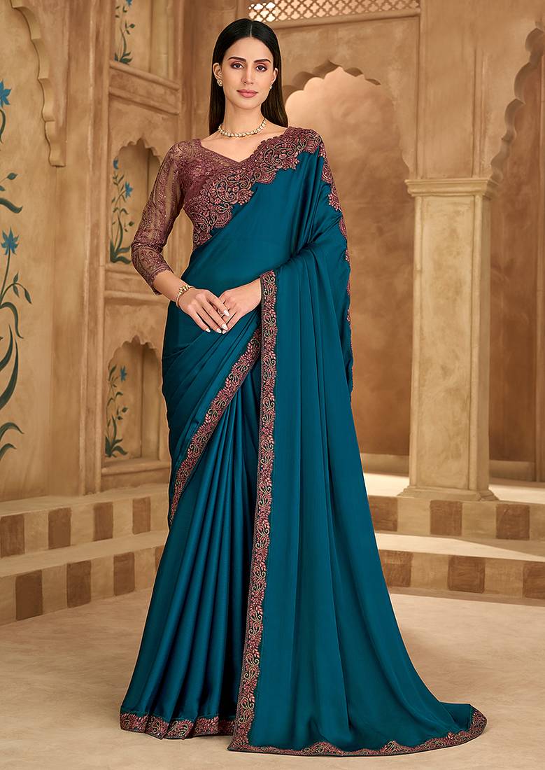 Embroidered faux chiffon satin teal blue saree