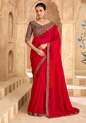 red embroidered faux georgette saree	 1