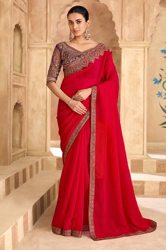 Embroidered faux georgette satin red saree