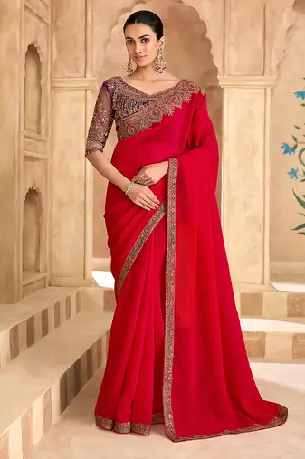 Embroidered faux georgette satin red saree