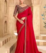 Embroidered faux georgette satin red saree