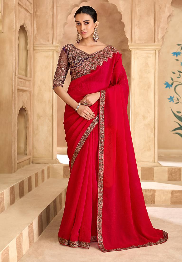 Embroidered faux georgette satin red saree