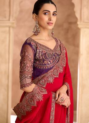 red embroidered faux georgette saree	 2