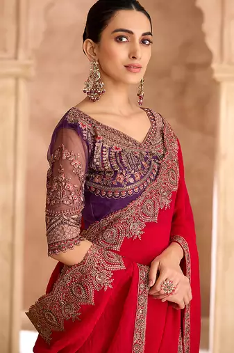 red embroidered faux georgette saree	