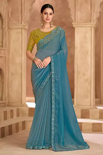 Embroidered faux georgette sky blue saree