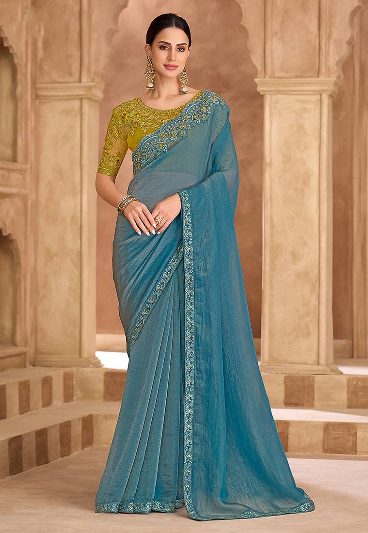 Embroidered faux georgette sky blue saree