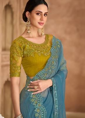 sky blue embroidered faux georgette saree 2